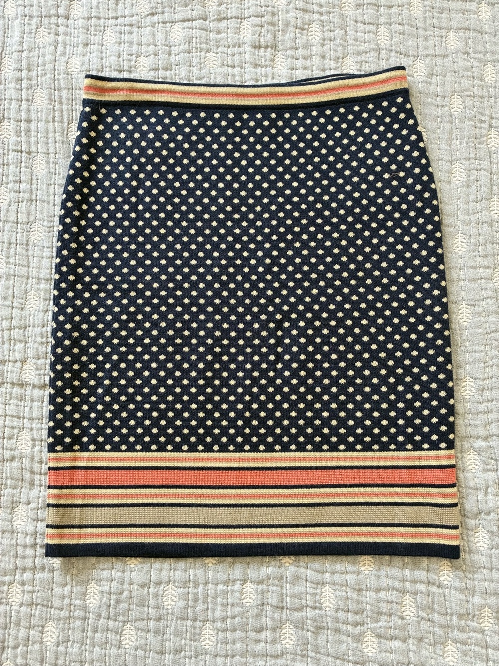 Anthropologie Sparrow Navy Dot Knit Pencil Skirt with Striped Hem